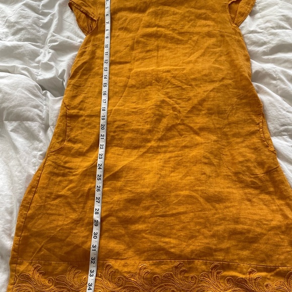 100% LINO Mustard Yellow Short Sleeve linen embroidered Dress with pockets | L - Picture 11 of 11